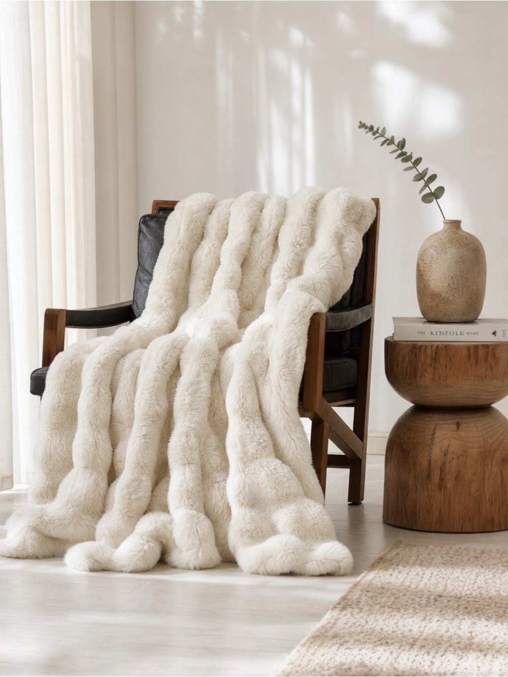NEW West Elm Boho Ivory Faux Rabbit Fur Plush Throw Blanket Bedding - 50" x 60"